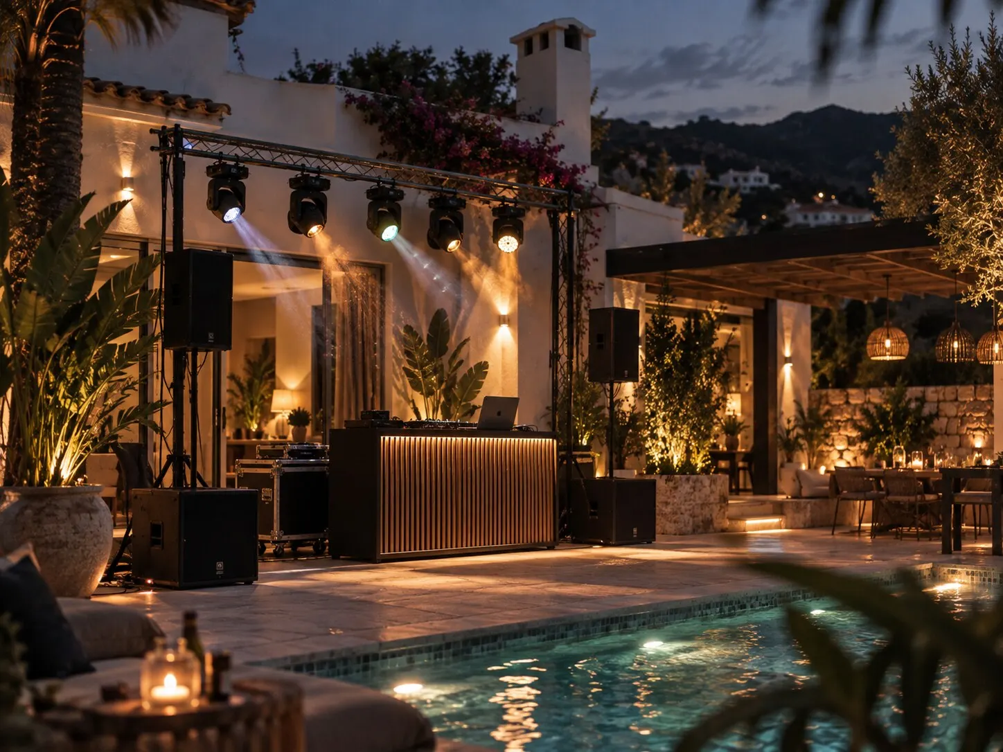 A villa pool terrace at dusk with a DJ booth and moving lights rigged for a private party